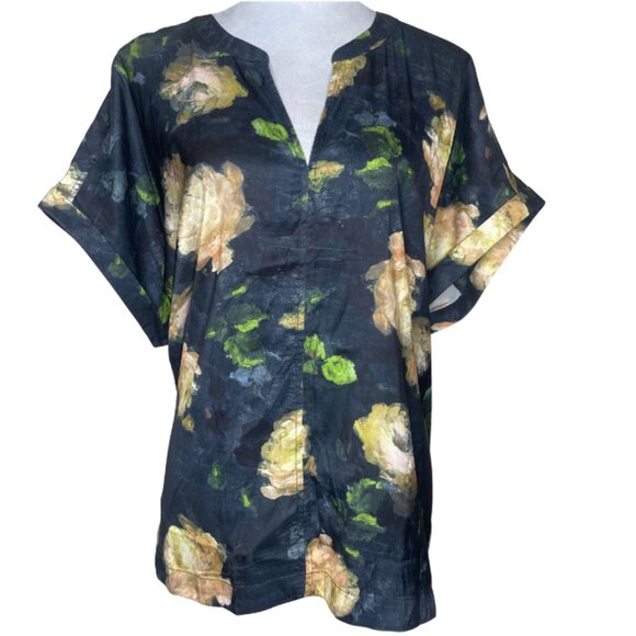 Tahari Woman Black Floral Cap Sleeve Slit Neck Top Blouse Bloomcore NWT 2X - Picture 1 of 8